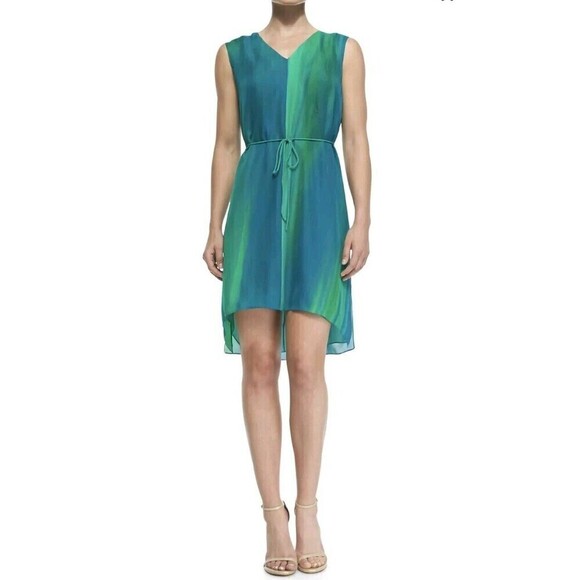 Elie Tahari Women's Size M Green Blue Silk High Low Designer Dress 100 Silk #12 - Picture 1 of 9